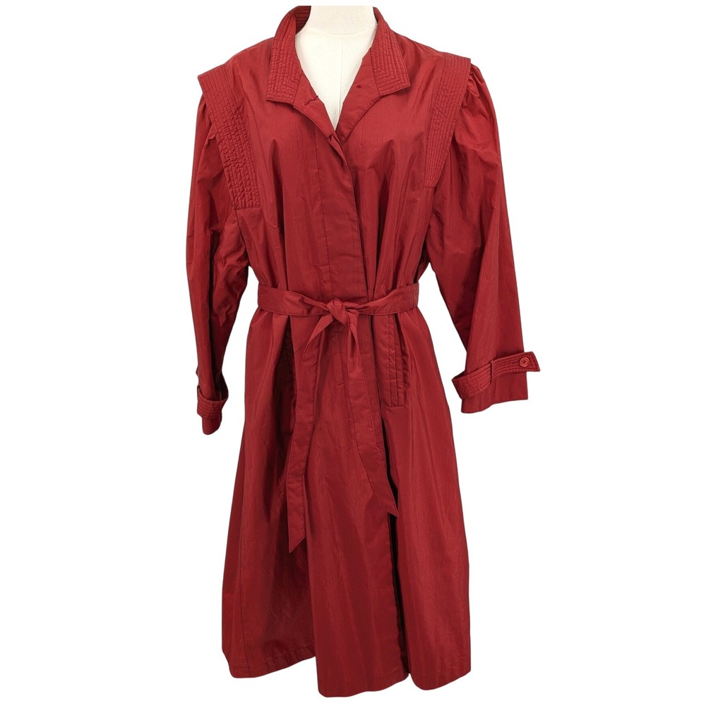 Vintage Maggie Barnes Red Quilted Belted Coat‎ 80s Sheen Rain Outerwear Size 18½